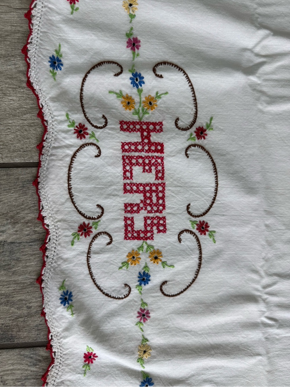 Vintage His Hers Pillowcase Pair Embroidered Floral Crochet Trim